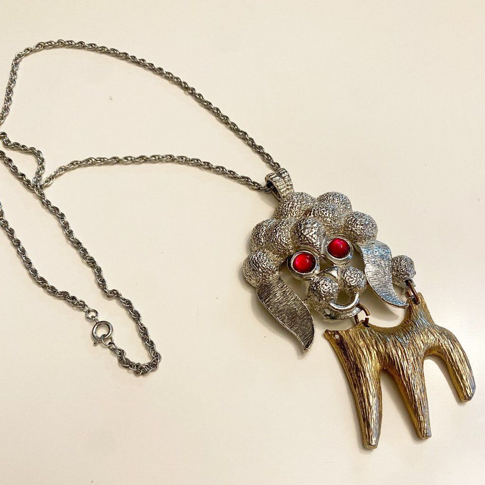 Vintage Large Poodle Dog Charm Necklace with Red Eyes Marked OCA Mixed Metal